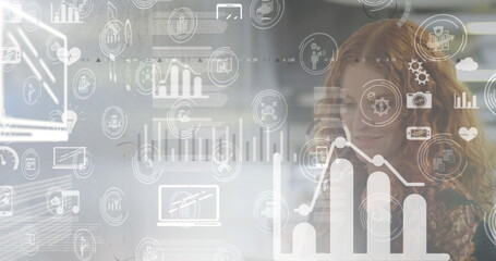 Poster - Image of network of digital icons over businesswoman using tablet