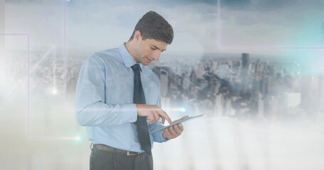 Poster - Image of network of glowing connections over businessman using tablet and cityscape
