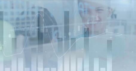 Poster - Image of financial data processing over happy schoolgirl