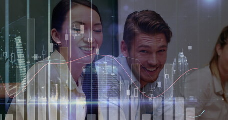 Poster - Image of financial data processing over businesses people