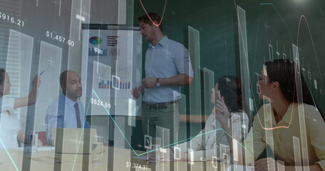 Sticker - Image of financial data processing over businesses people