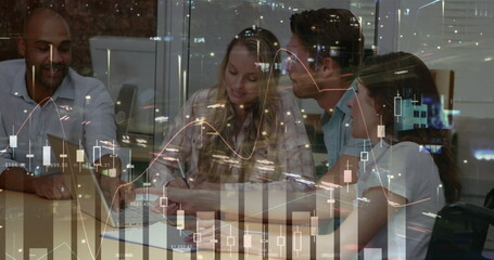 Poster - Image of financial data processing over businesses people