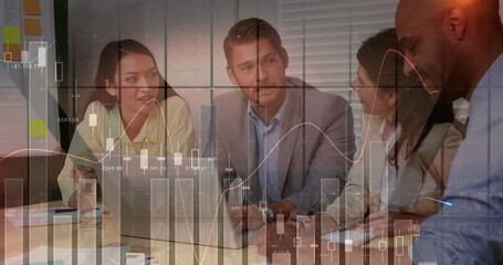 Poster - Image of financial data processing over businesses people