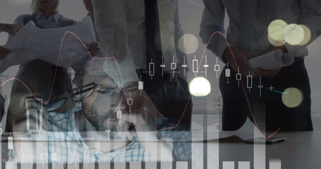 Poster - Image of financial data processing over businesses people