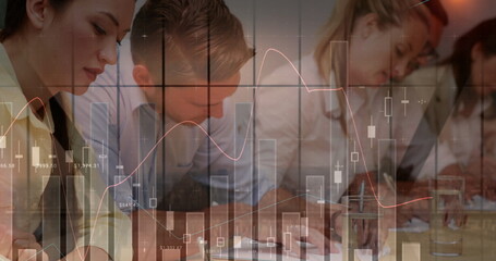 Poster - Image of financial data processing over businesses people