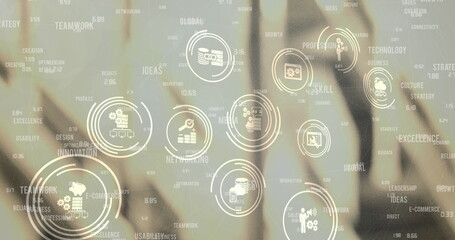 Poster - Network of digital icons and business concept texts against warehouse in background