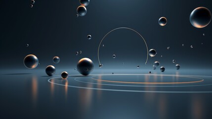 Aufkleber - Abstract floating shiny spheres on a glossy surface on a dark blue gray background with a copy space. Layout, Horizontal platform, showcase for product demonstration, cosmetics.