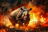 Fototapeta Dziecięca - A rhinoceros running urgently in front of a raging fire in the forest, symbolizing the environmental threat posed by wildfires