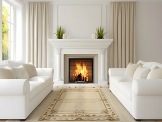 Two white sofas against fireplace. Country style home interior design of modern living room.