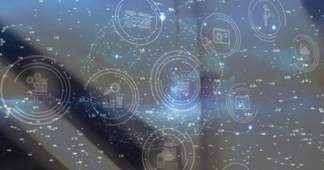 Poster - Network of digital icons and network of connections against warehouse in background
