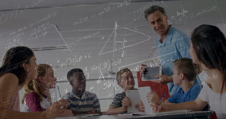 Poster - Image of mathematical equations over schoolchildren learning