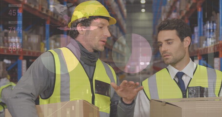 Poster - Statistical data processing against caucasian male supervisor and worker discussing at warehouse