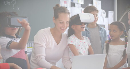 Poster - Image of mathematical equations over schoolchildren using vr headsets