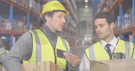 Poster - Statistical data processing against caucasian male supervisor and worker discussing at warehouse