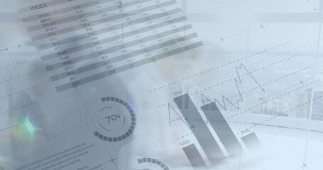 Poster - Image of financial data processing over business people walking in office