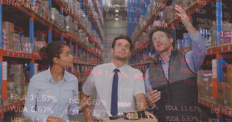 Poster - Image of data processing over men and woman working in warehouse