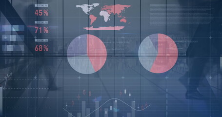Poster - Image of financial data processing over business people walking in office