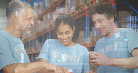 Canvas Print - Statistical data processing over diverse male and female volunteers making a hand stack at warehouse