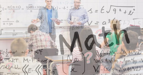 Poster - Image of math text and mathematical equations over diverse students in classroom