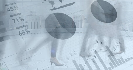 Poster - Image of financial data processing over business people walking in office