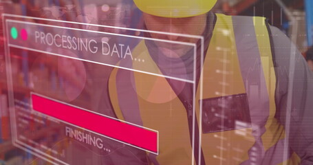 Poster - Image of data processing over caucasian male worker in warehouse