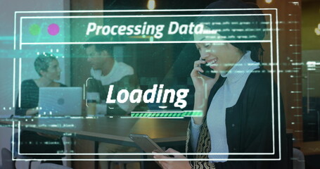 Sticker - Image of data processing over biracial businesswoman using smartphone and tablet