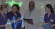 Image of cardiograph over diverse doctors working at hospital