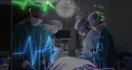 Poster - Image of cardiograph over diverse surgeons operating on patient at hospital