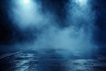 Dark street, wet asphalt, reflections of rays in the water. Abstract dark blue background, smoke, smog. Empty dark scene, neon light, spotlights. Concrete floor - generative ai