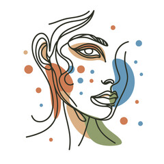 Wall Mural - Woman face line art. Female portrait contour with colored spots. Isolated on white background. VECTOR