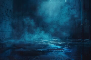 Dark street, wet asphalt, reflections of rays in the water. Abstract dark blue background, smoke, smog. Empty dark scene, neon light, spotlights. Concrete floor - generative ai