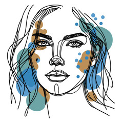 Wall Mural - Woman face line art. Female portrait contour with colored spots. Isolated on white background. VECTOR