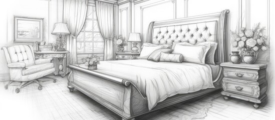 Wall Mural - A monochrome sketch of a cozy bedroom with a wooden bed frame, nightstand, chair, and window. The simplicity and comfort of the furniture are highlighted in this drawing