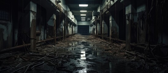 Poster - A dimly lit hallway in a city building with a water puddle in the center, creating a sense of eerie darkness. The symmetry of the corridor is disrupted by the fixture of a glass door at the end