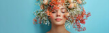 Fototapeta  - Surreal abstract woman portrait with flowers over head on blue background, concept of environmental friendliness and naturalness of cosmetic products, summer vibes.