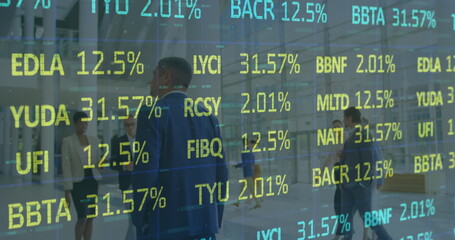 Poster - Image of financial data processing over business people working in office