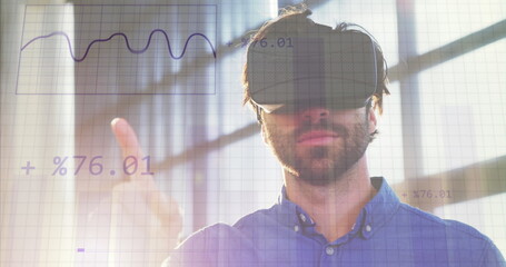 Poster - Image of financial data processing over caucasian businessman wearing vr headset in office