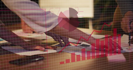 Poster - Image of financial data processing over diverse business people in office