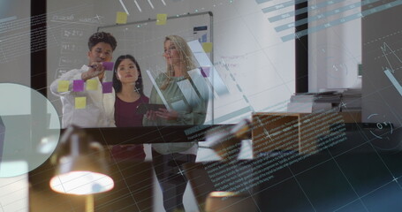 Poster - Image of financial data processing over diverse business people working in office