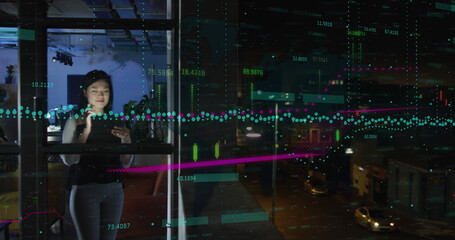 Poster - Image of financial data processing over asian businesswoman working in office