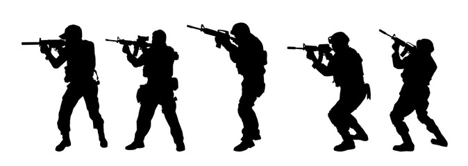 Wall Mural - Silhouette collection of male soldier carrying machine gun weapon.