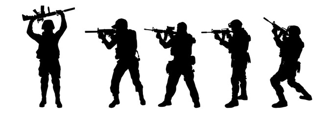 Wall Mural - Silhouette collection of male soldier carrying machine gun weapon.