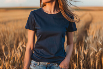 Wall Mural - Caucasian female model wearing a navy blue crewneck blank mockup t-shirt with short sleeves in a field background at sunset , woman face is not visible