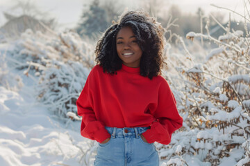 Wall Mural - Portrait of an attractive black afro American female model wearing red blank mockup crewneck sweatshirt and posing in front of winter scene with snow