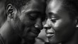Close-up of an intimate moment between an African couple. Black and white portrait depicting love and tenderness.