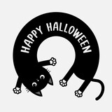 Fototapeta Dinusie - Happy Halloween. Laying kitten. Round circle shape. Long body cat. Cartoon baby pet character. Cute kawaii chilling black kitty head face, paw print. Flat design. White background.