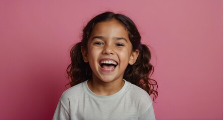 Poster - Portrait of cute kid hispanic girl happy laughing hysterically on plain bright pink background looking at camera from Generative AI