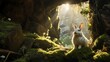 Photography of a fluffy white rabbit peacefully resting inside a dimly lit cave, Generative ai.