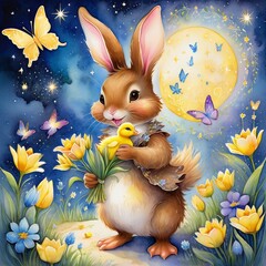 Wall Mural - Rabbit in a field of flowers: A peaceful and tranquil scene