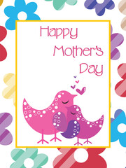 Canvas Print - Happy Mother's Day Greeting Card or Template Design with Loving Mother Bird and Her Child in Colorful Flower Decorated on Background